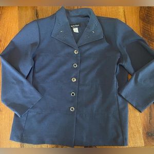Kari’s Place Navy Blue Blazer w/ Beading at Collar & Beautiful Buttons, Size 18